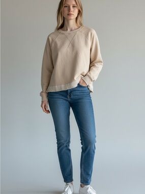 Easel Boxy Raw-Hem Crewneck Sweatshirt - Beige